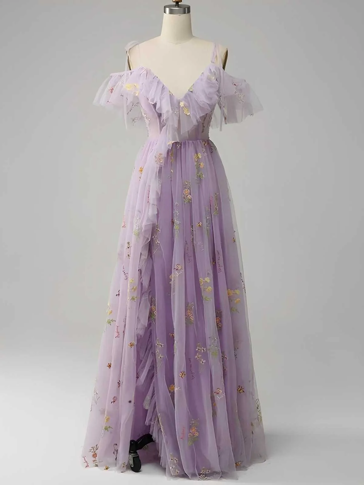 Grün 1970er Slip Blumen Besticktes Netz Schlitz Kleid - Image 10