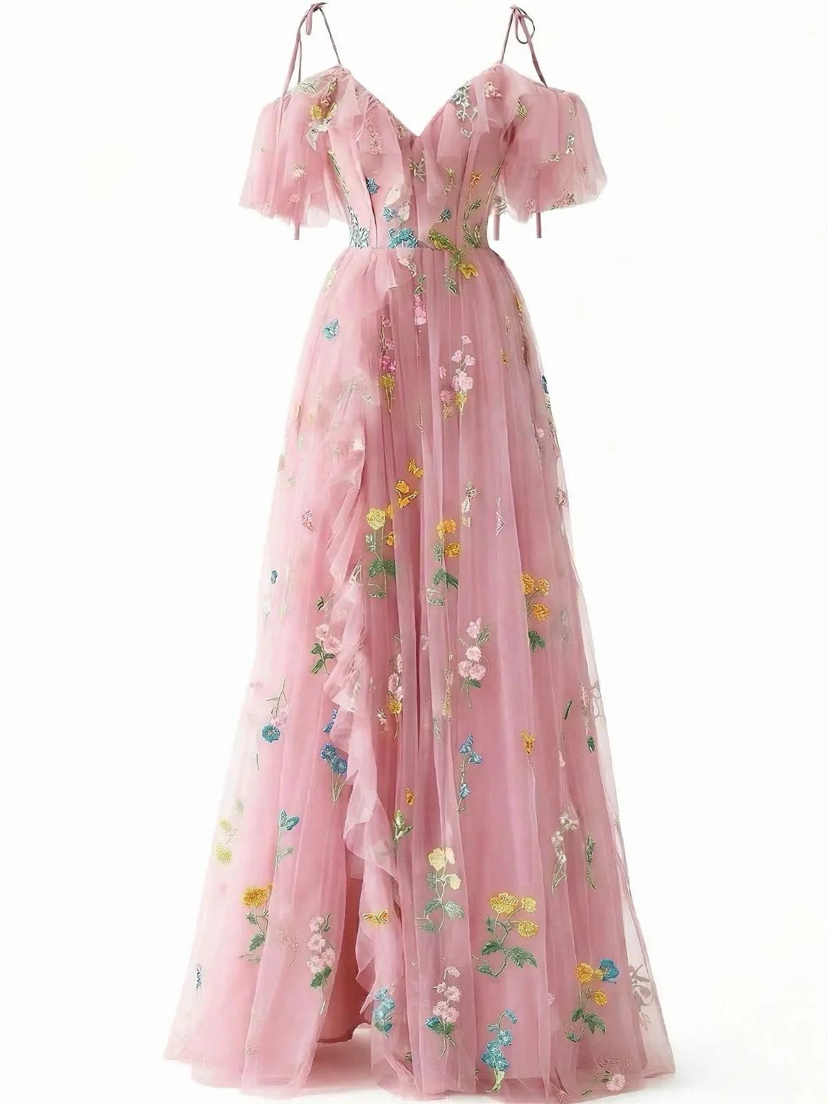 Grün 1970er Slip Blumen Besticktes Netz Schlitz Kleid - Image 13