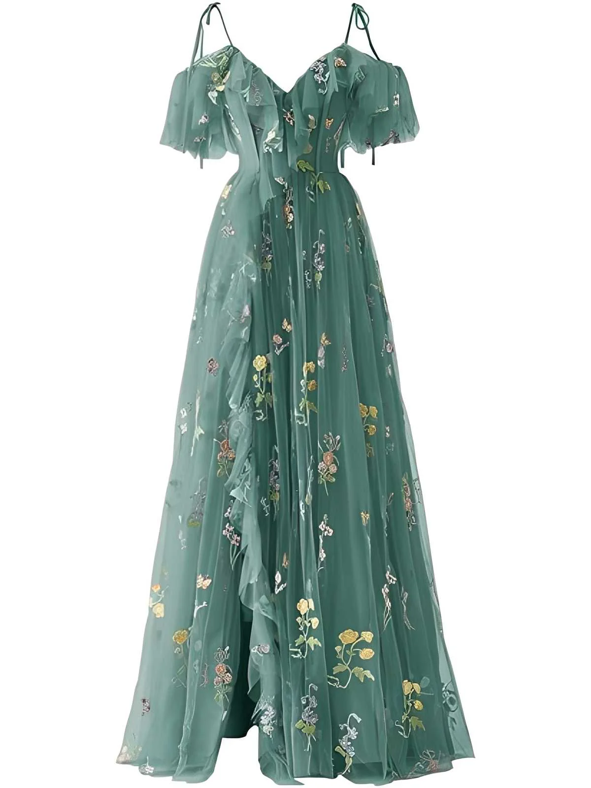Grün 1970er Slip Blumen Besticktes Netz Schlitz Kleid - Image 14