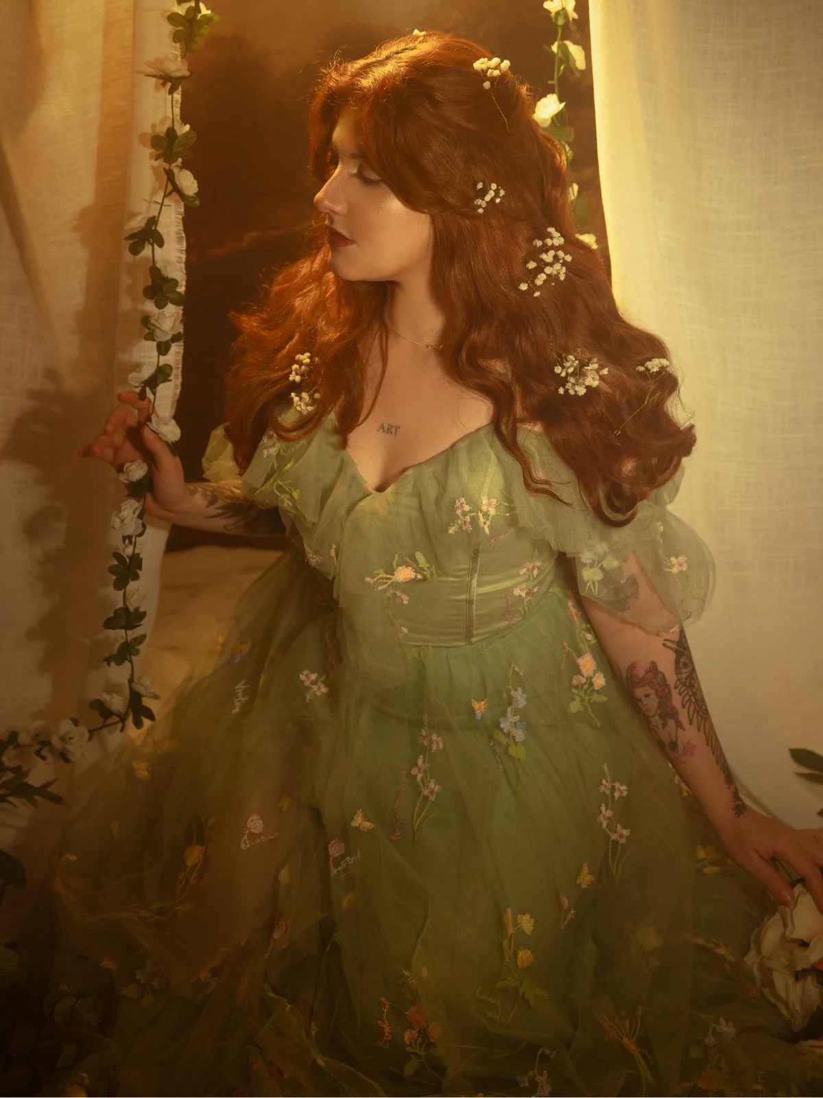 Grün 1970er Slip Blumen Besticktes Netz Schlitz Kleid - Image 3