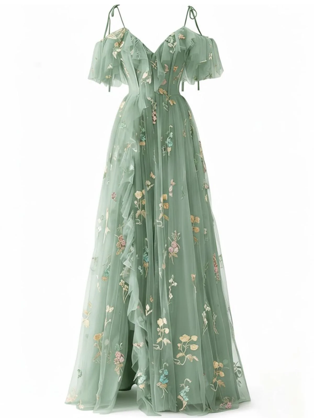 Grün 1970er Slip Blumen Besticktes Netz Schlitz Kleid - Image 5