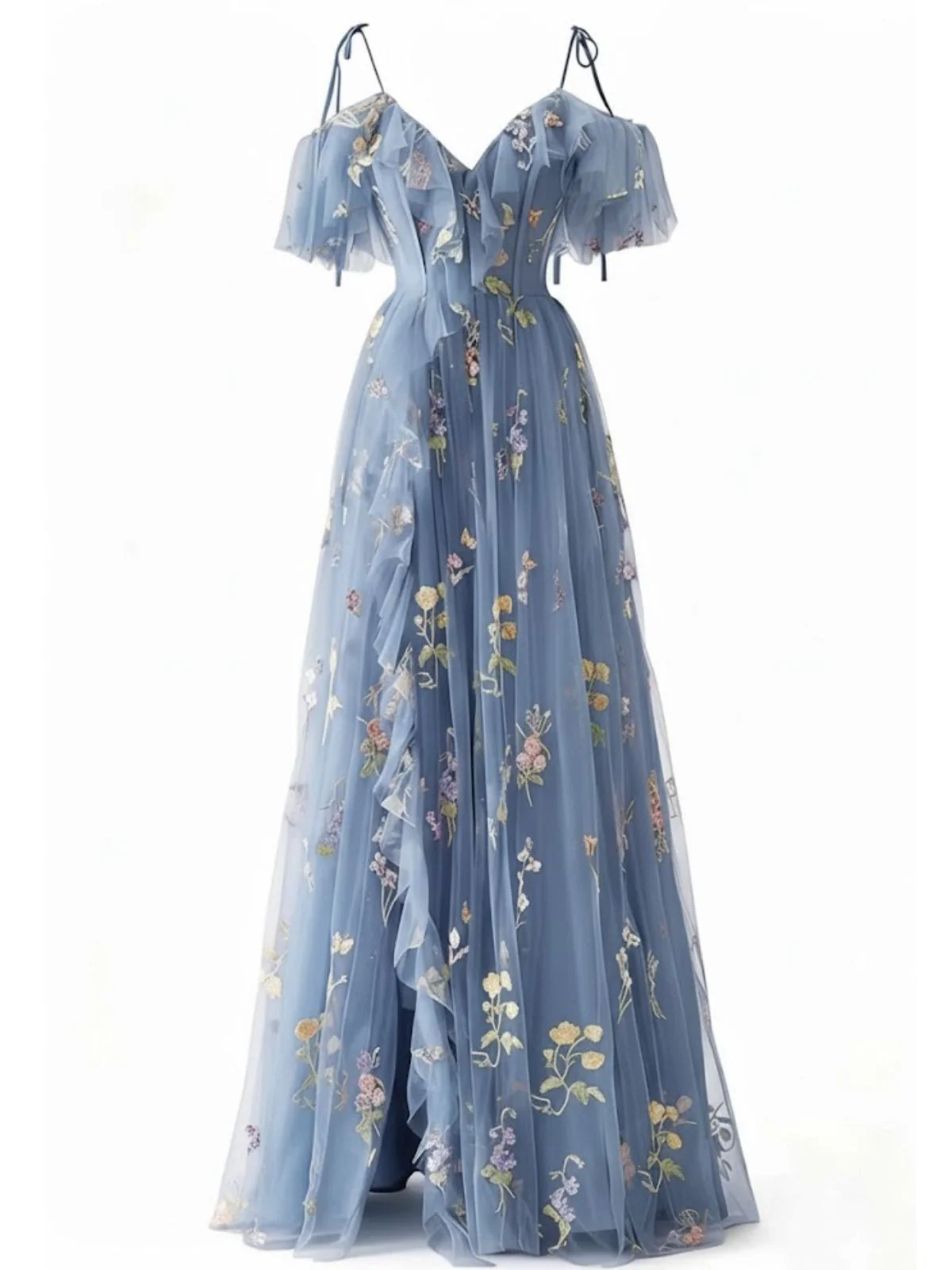 Grün 1970er Slip Blumen Besticktes Netz Schlitz Kleid - Image 6