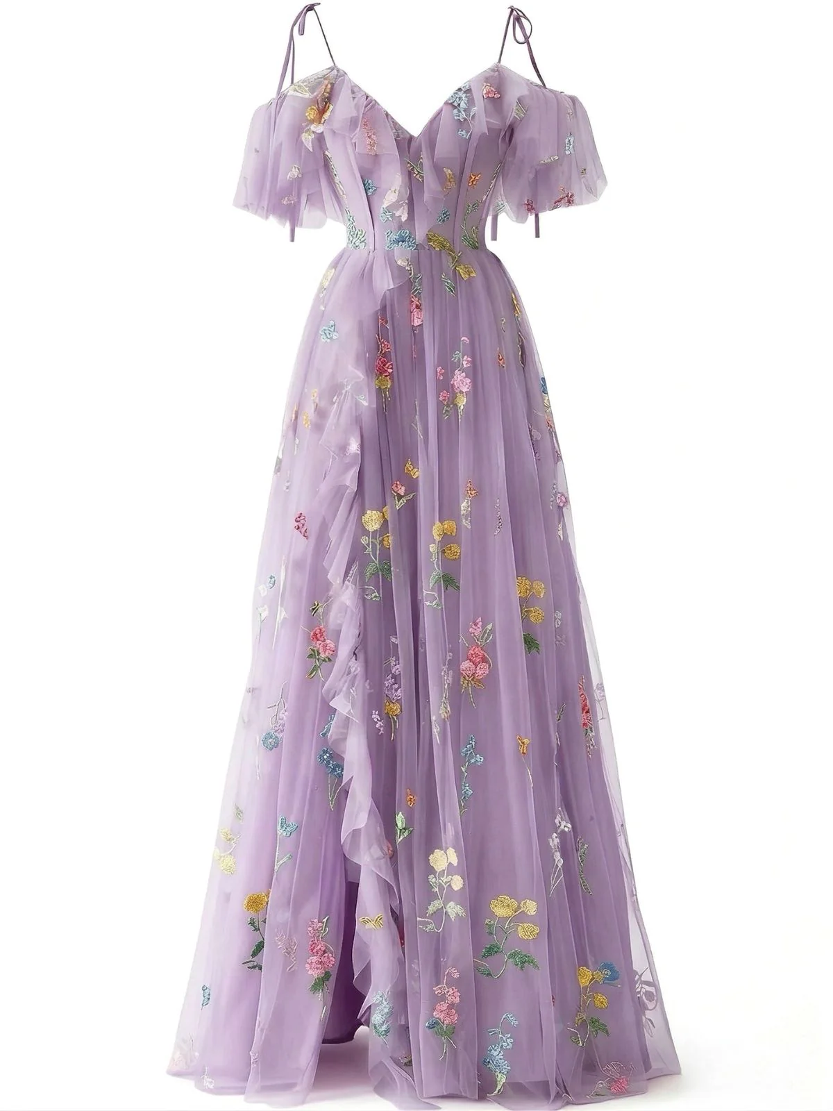 Grün 1970er Slip Blumen Besticktes Netz Schlitz Kleid - Image 8