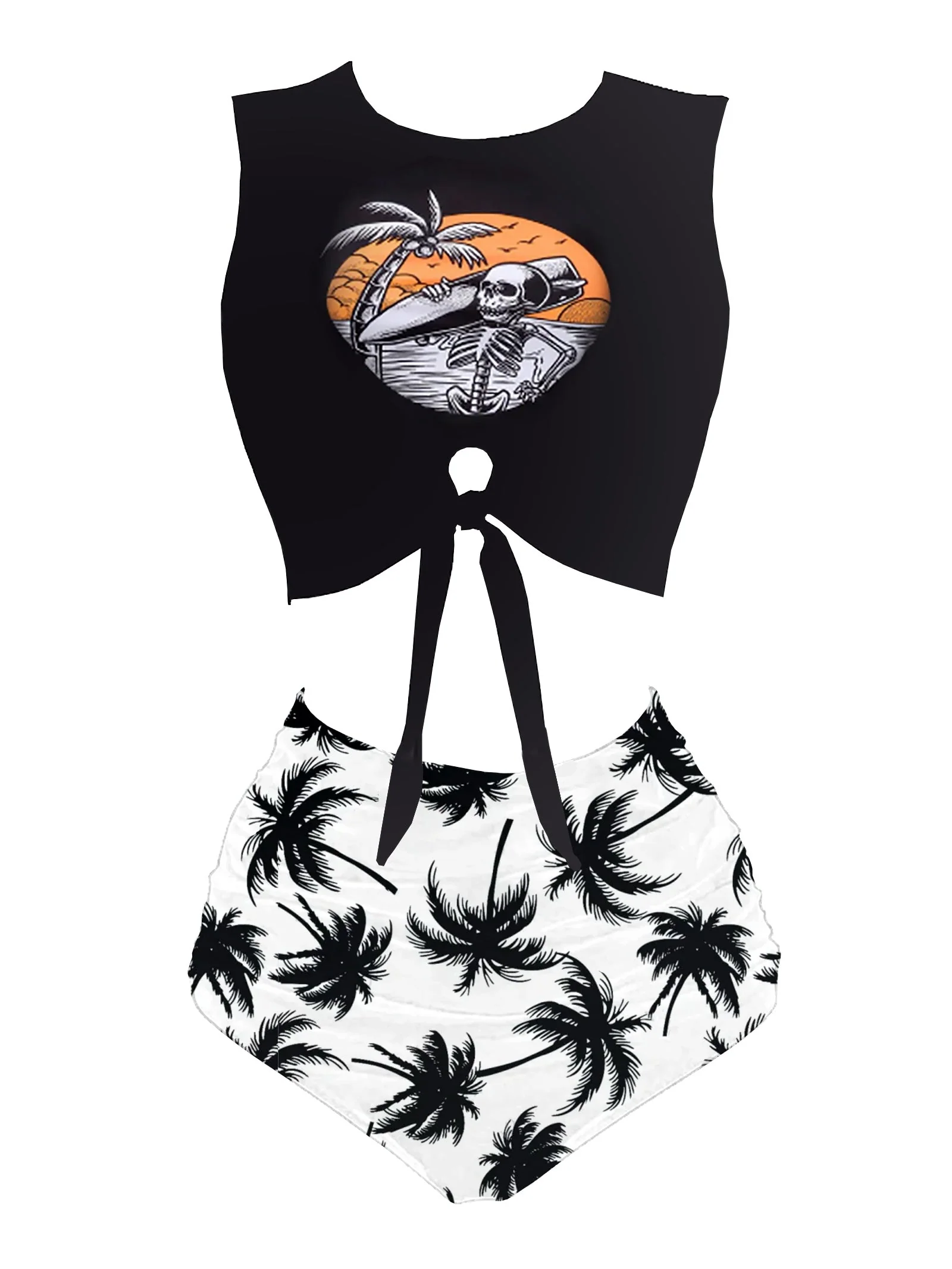 Weinrot 1980er Punk Taillen Tie Skeleton Strand Bikini Set - Image 3