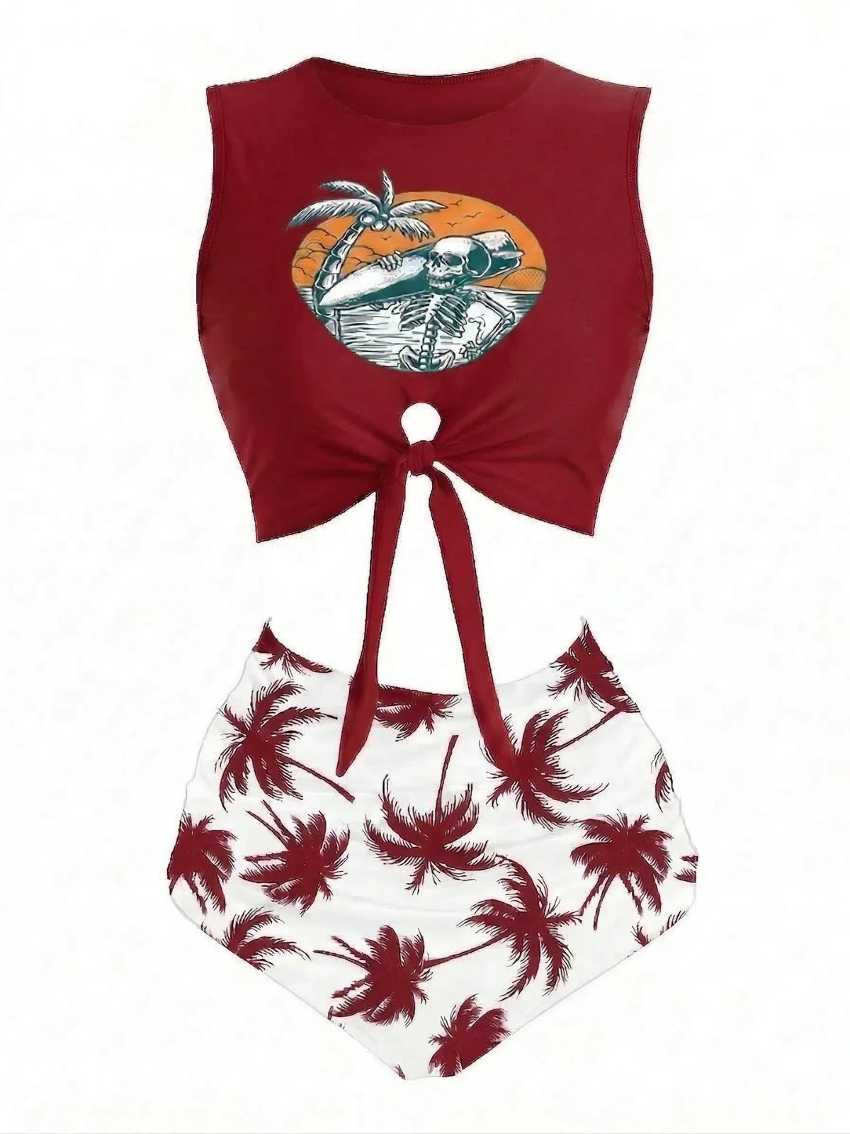 Weinrot 1980er Punk Taillen Tie Skeleton Strand Bikini Set