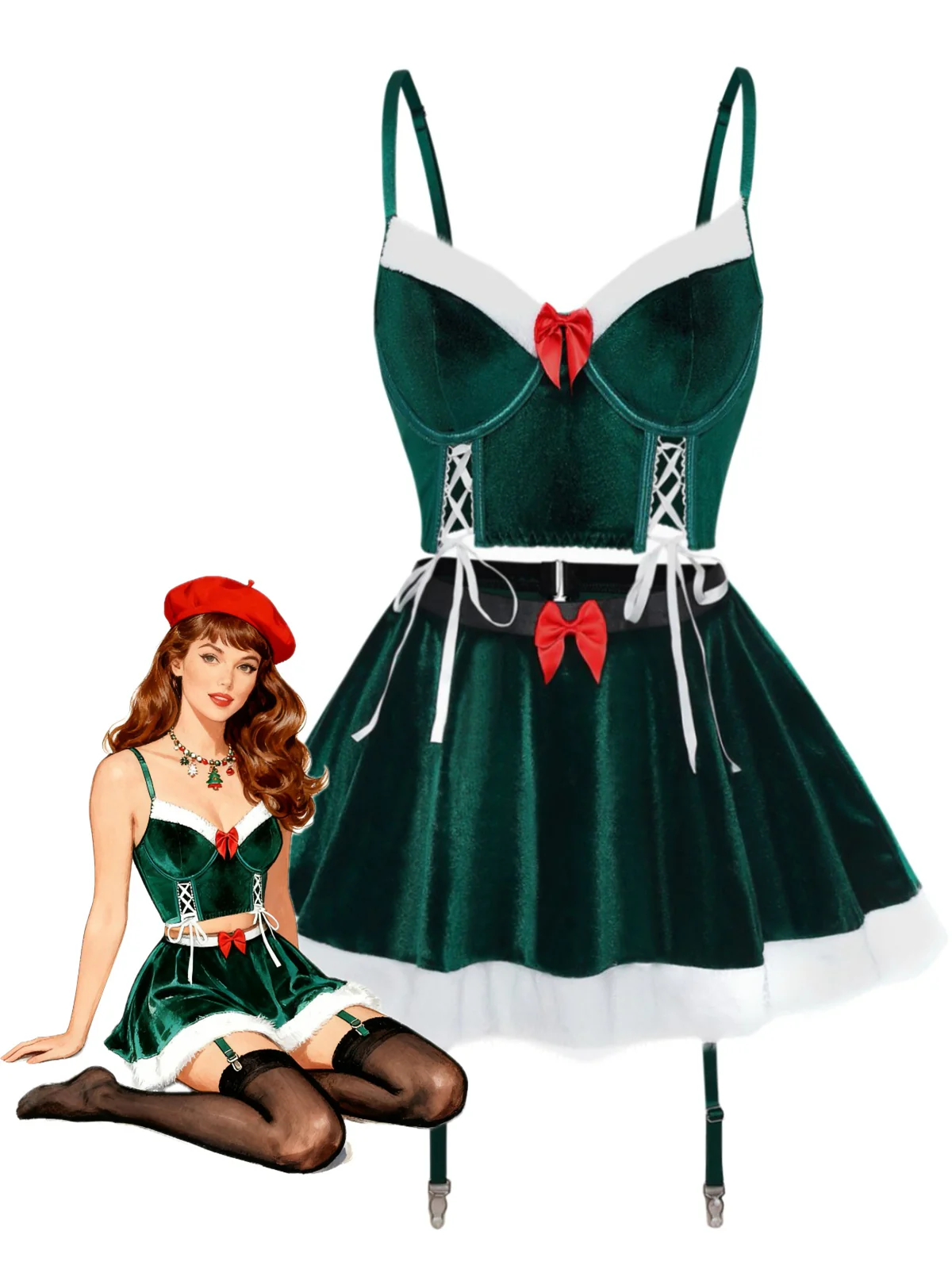 2PCS 1970 Weihnachten Samt Top & Rock Set - Image 3