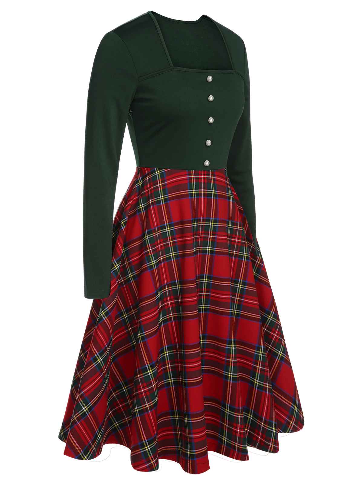 Grün & Rot 1950er Weihnachten Plaids Langärmeliges Kleid - Image 3