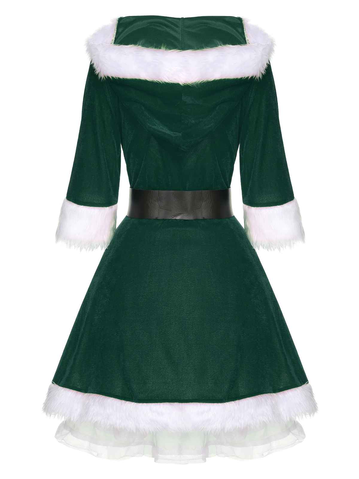 Grün Weihnachten Kapuze Santa Claus Roher Saum Gürtel Kleid - Image 2