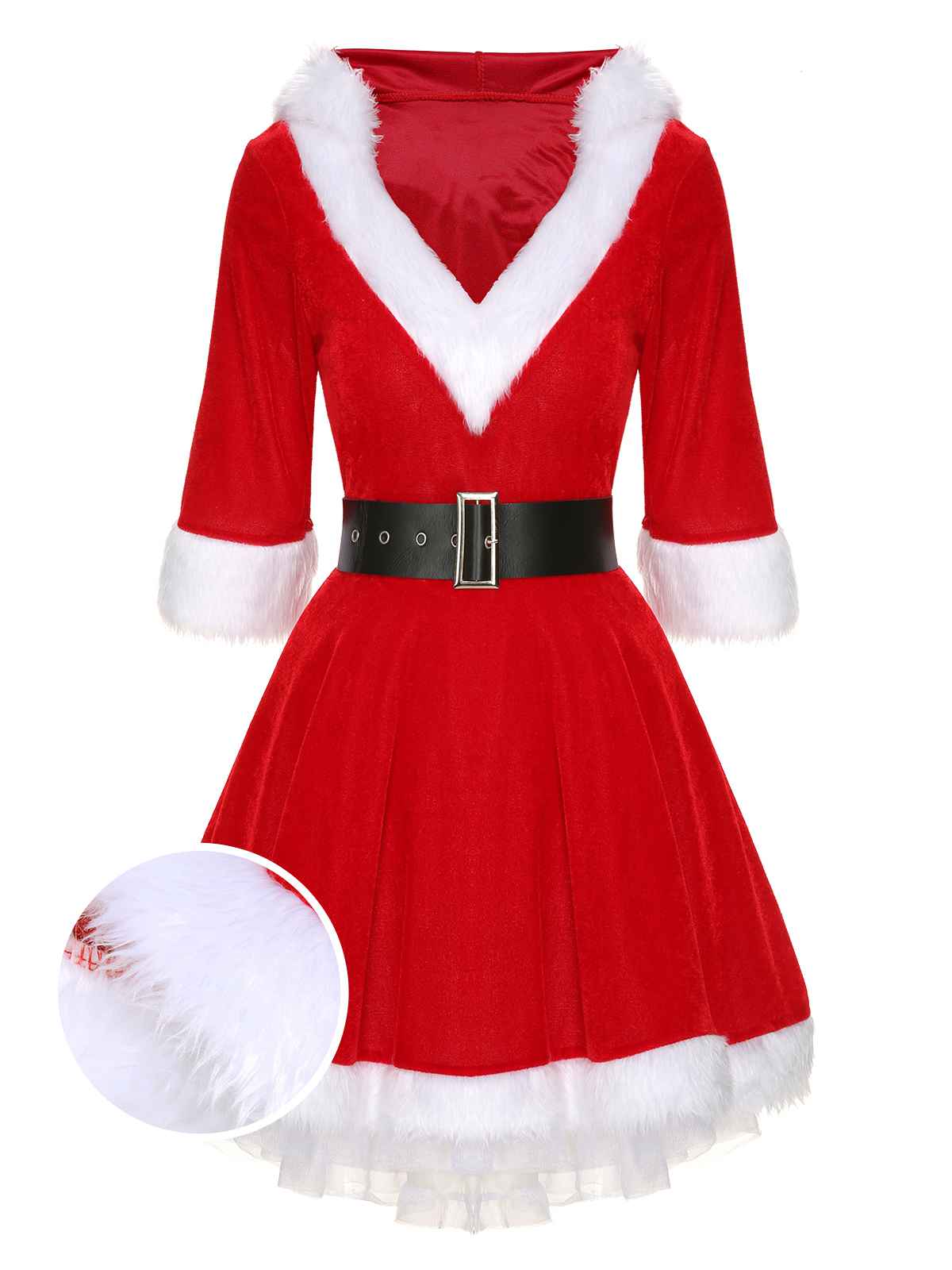 Grün Weihnachten Kapuze Santa Claus Roher Saum Gürtel Kleid - Image 3