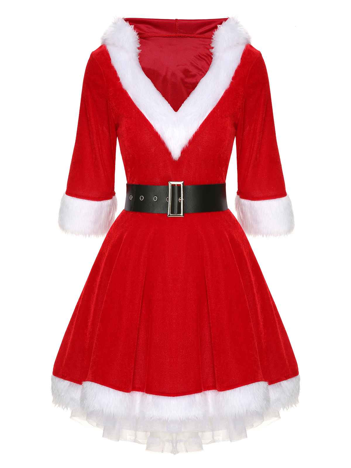 Grün Weihnachten Kapuze Santa Claus Roher Saum Gürtel Kleid - Image 4