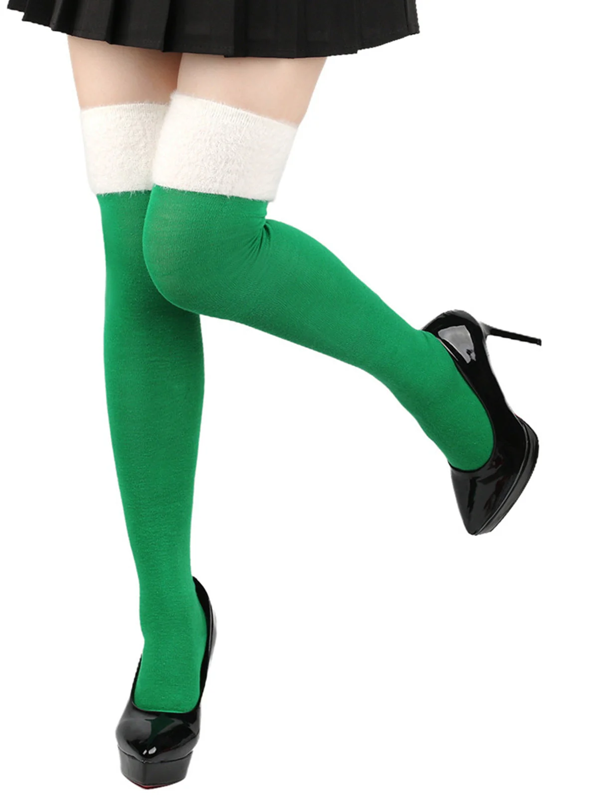 Grün Weihnachten Kontrast Oberschenkelhohe Socken - Image 2