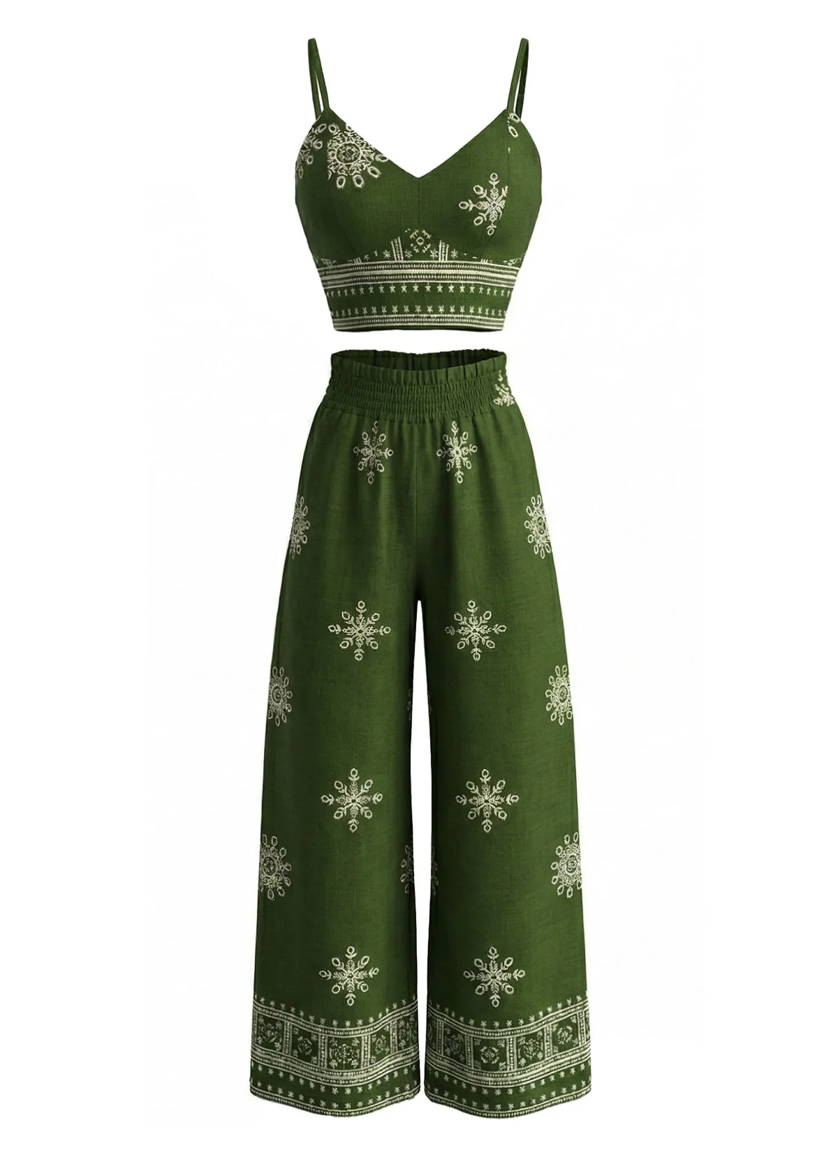 Grüne 70er Top & Hose mit Blumen-Print und Spaghettiträgern - Image 2