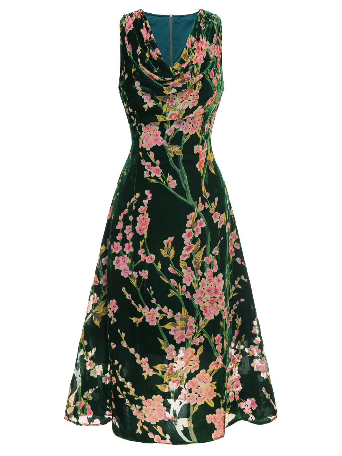 Grünes 1930er Kleid aus geblümtem Samt ohne Ärmel - Image 4