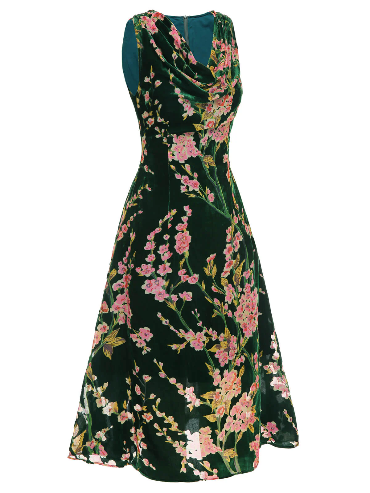 Grünes 1930er Kleid aus geblümtem Samt ohne Ärmel - Image 5