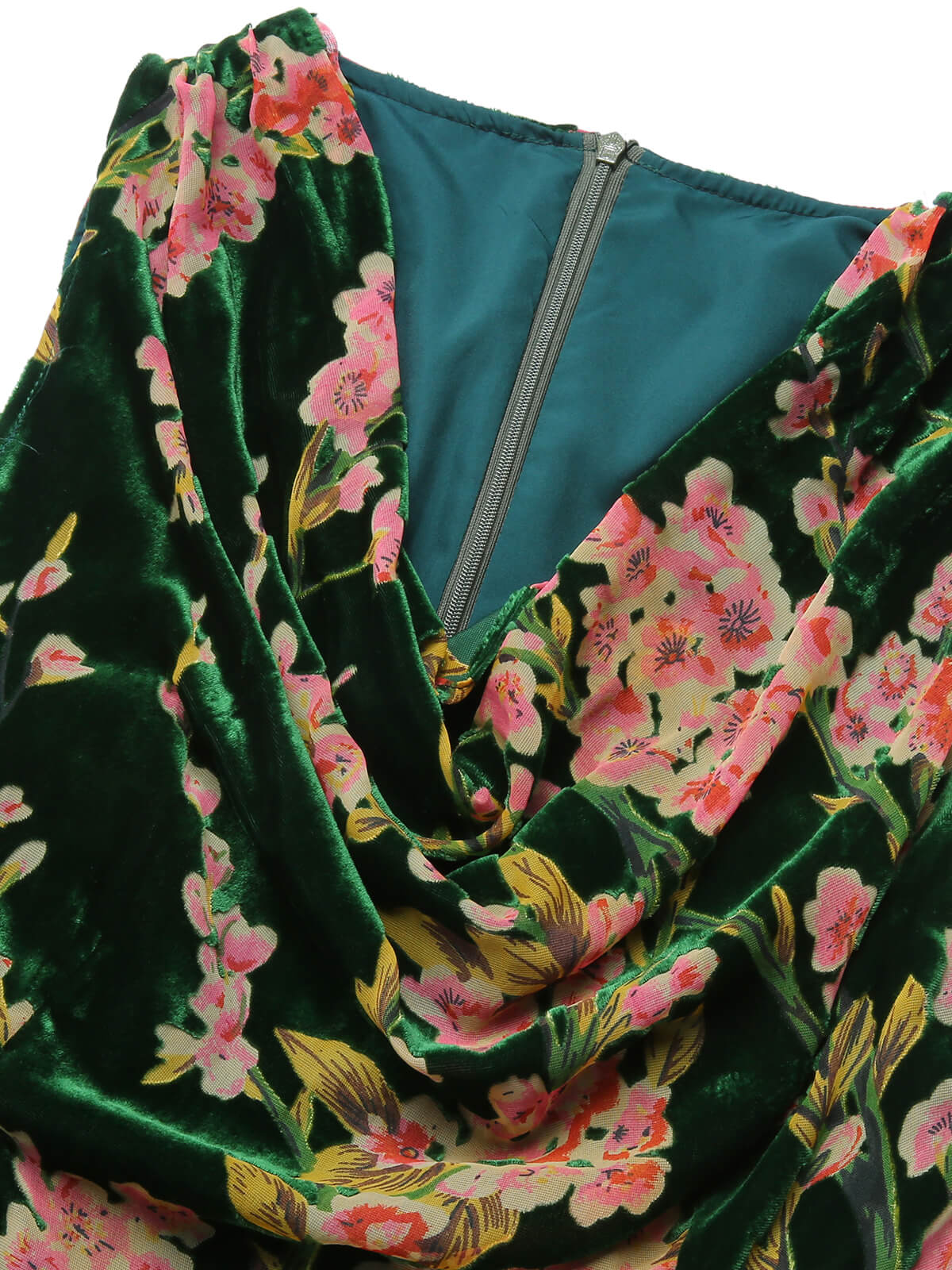Grünes 1930er Kleid aus geblümtem Samt ohne Ärmel - Image 7