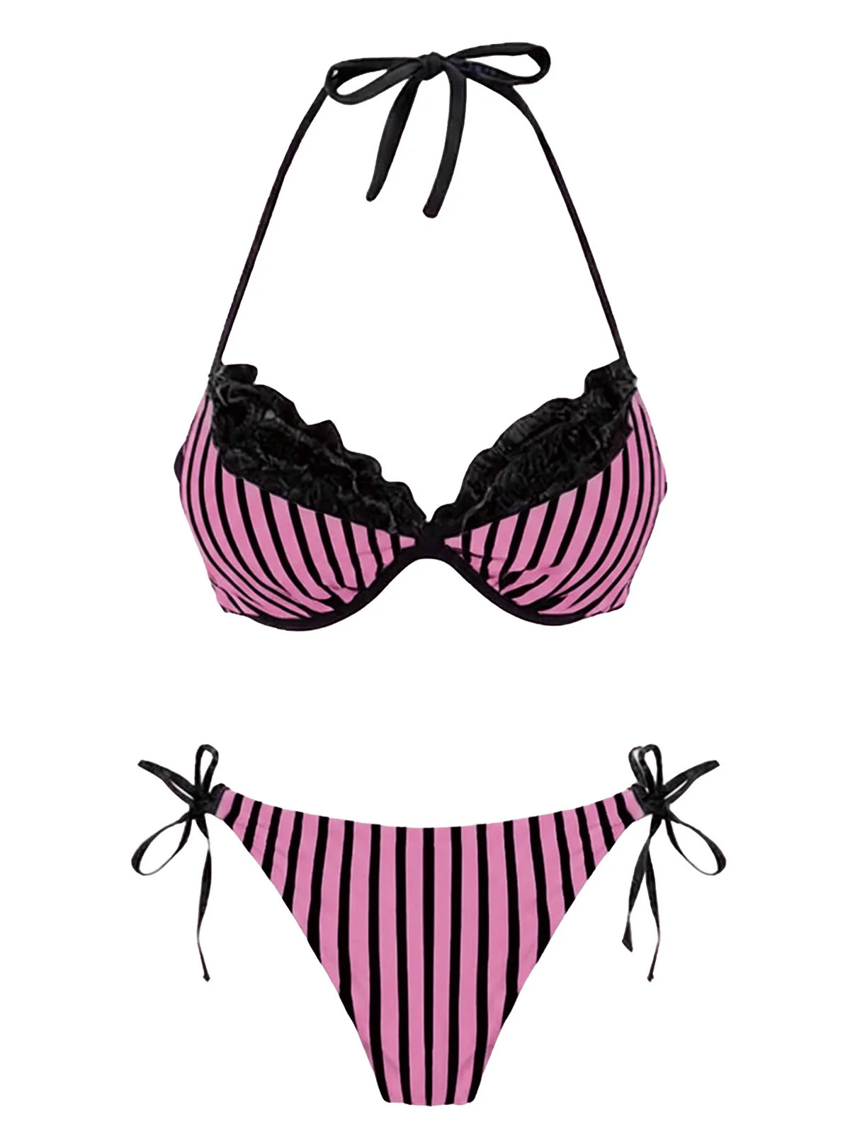 Grau 1960er Streifen Netz Halter Bogen Bikini Set - Image 4