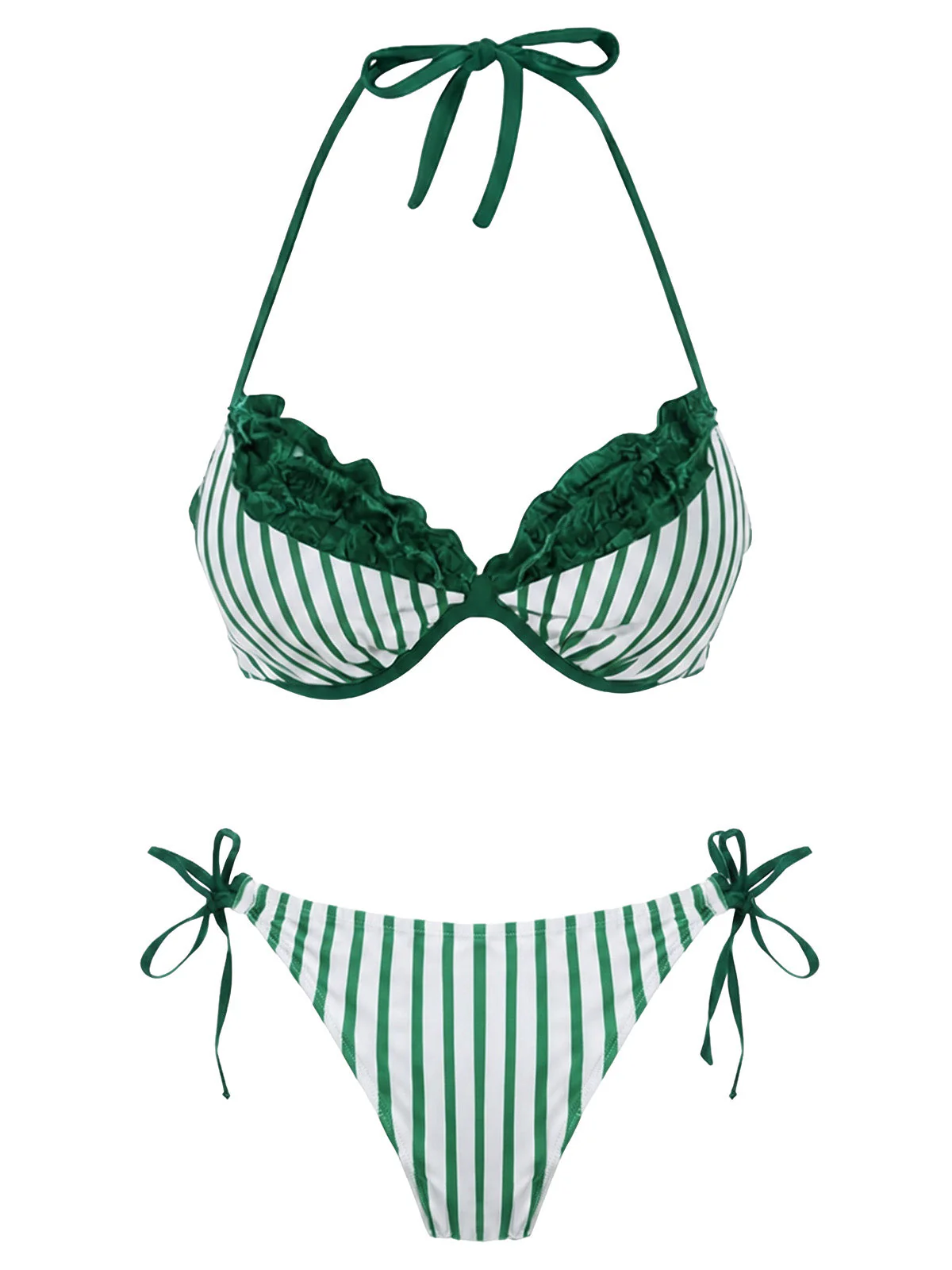 Grau 1960er Streifen Netz Halter Bogen Bikini Set - Image 5