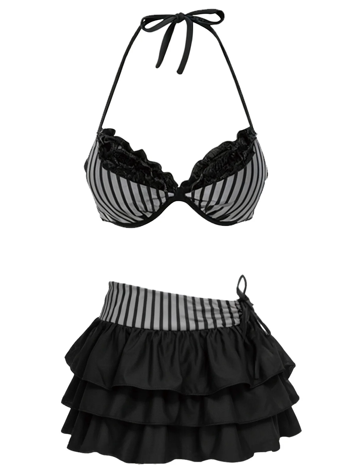 2PCS Grau 1960er Streifen Bikini Set & Gestuft Cover-Up - Image 5