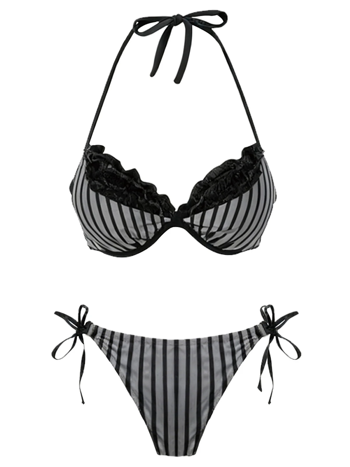 Grau 1960er Streifen Netz Halter Bogen Bikini Set - Image 3