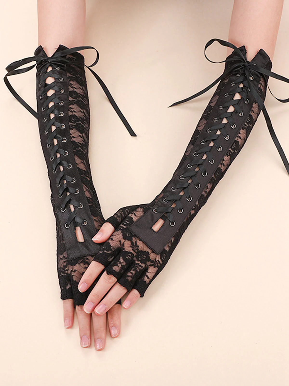 Schwarz Gothic Party Schnürung Hälfte Finger Handschuhe - Image 10