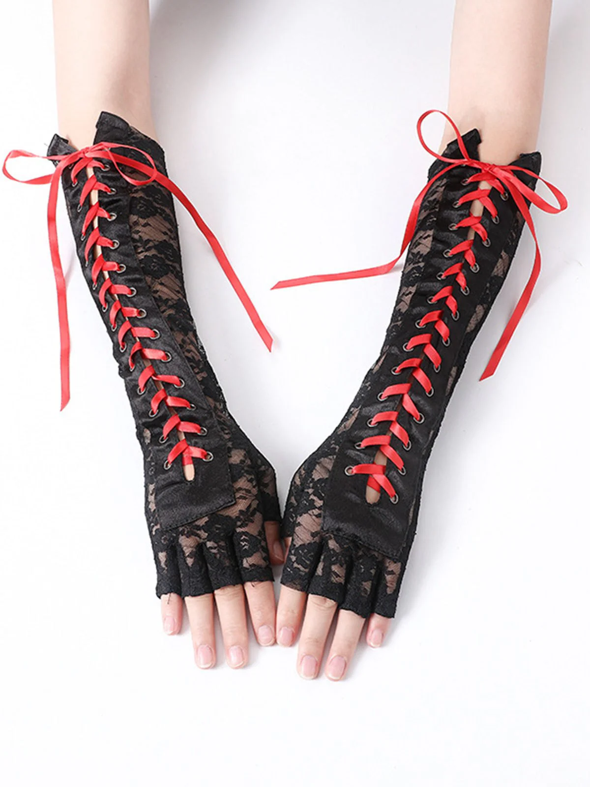 Schwarz Gothic Party Schnürung Hälfte Finger Handschuhe - Image 12