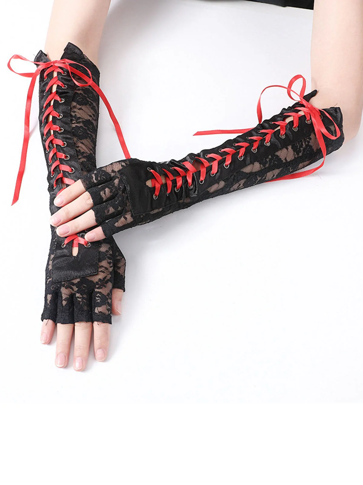 Schwarz Gothic Party Schnürung Hälfte Finger Handschuhe - Image 13