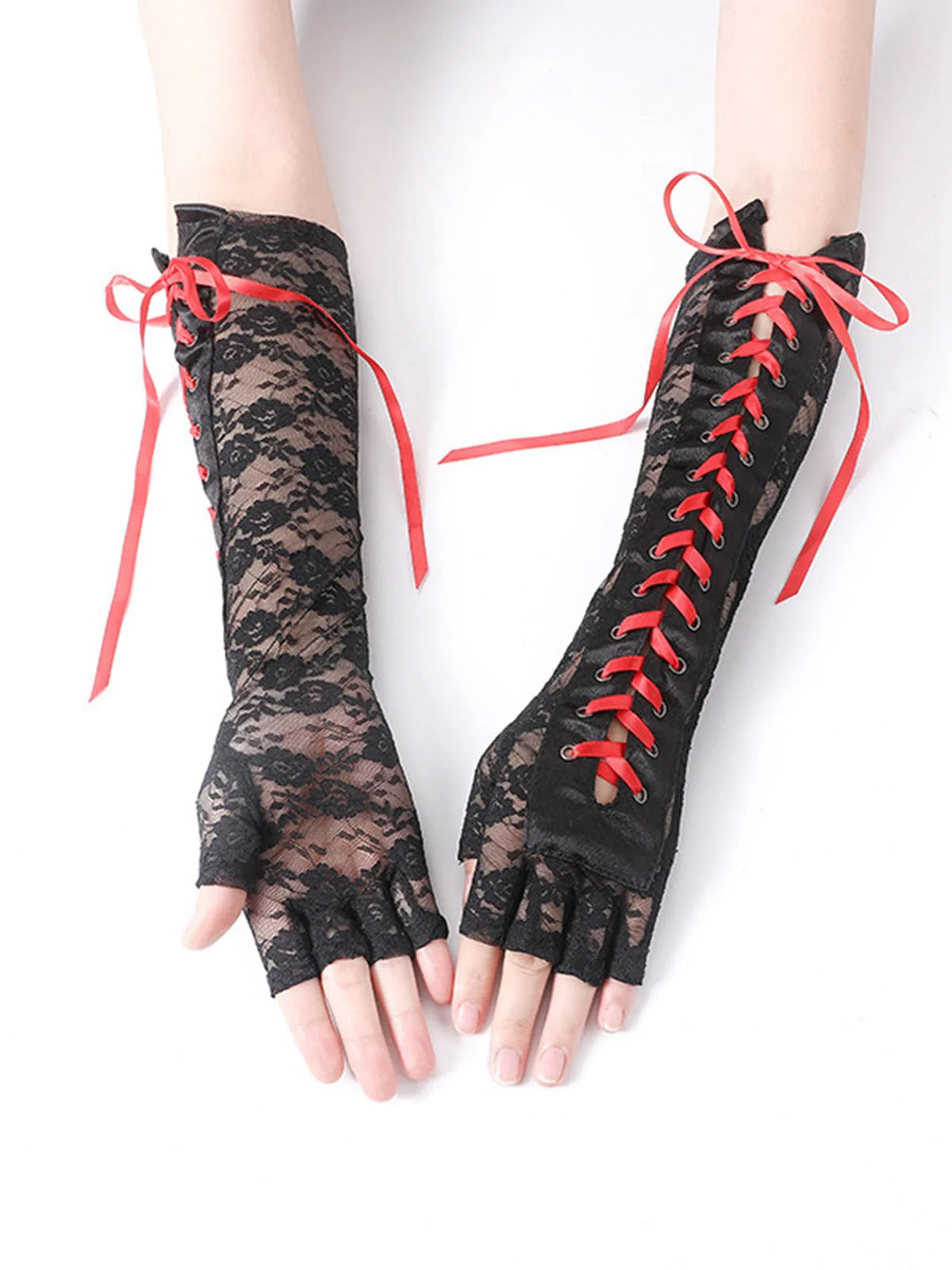 Schwarz Gothic Party Schnürung Hälfte Finger Handschuhe - Image 14