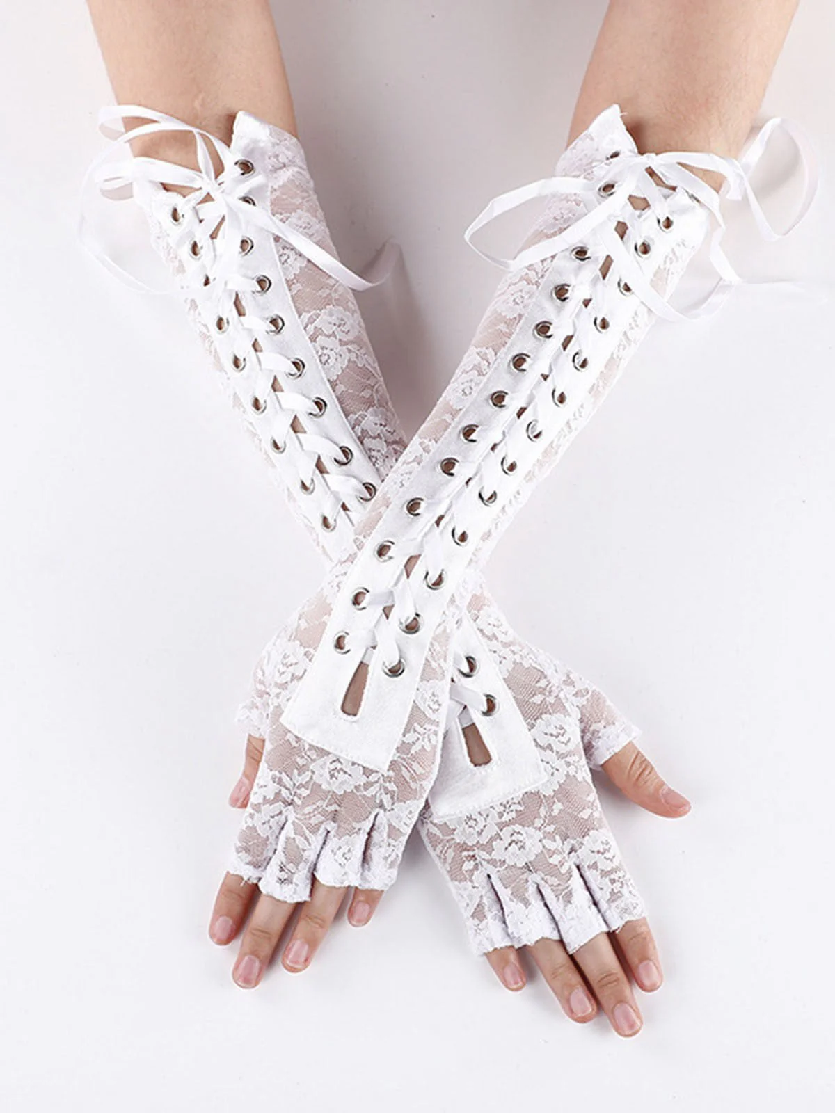 Schwarz Gothic Party Schnürung Hälfte Finger Handschuhe - Image 15