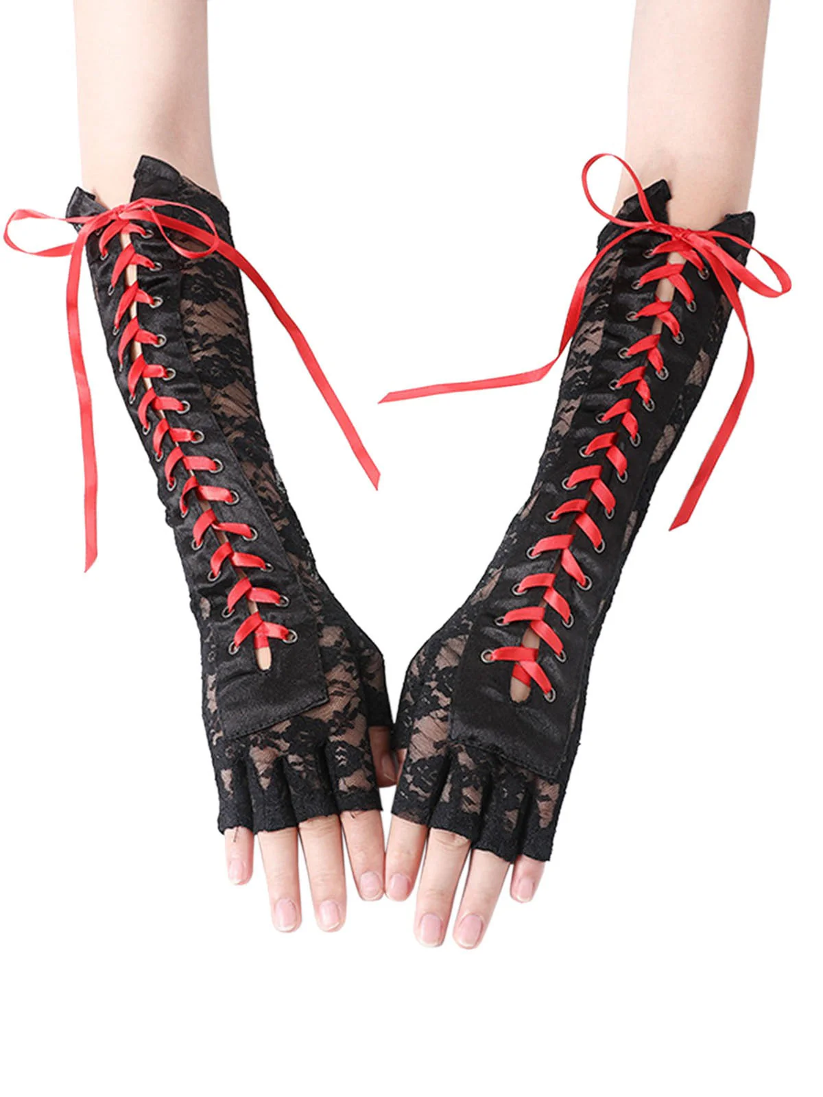 Schwarz Gothic Party Schnürung Hälfte Finger Handschuhe - Image 2