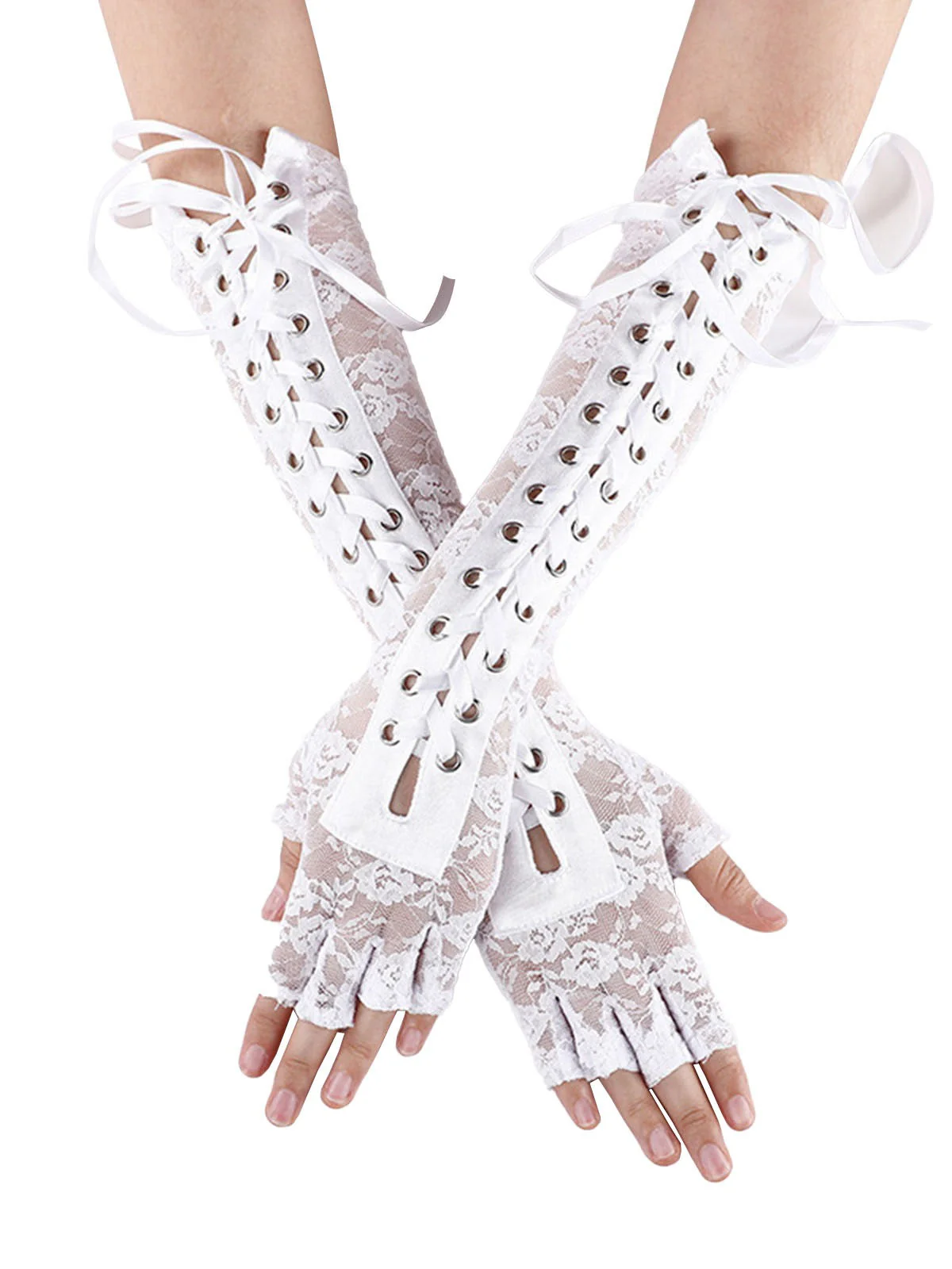 Schwarz Gothic Party Schnürung Hälfte Finger Handschuhe - Image 3