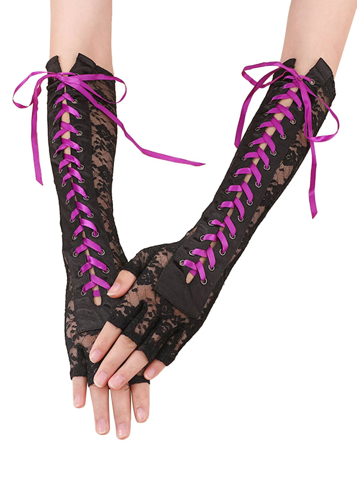 Schwarz Gothic Party Schnürung Hälfte Finger Handschuhe - Image 5