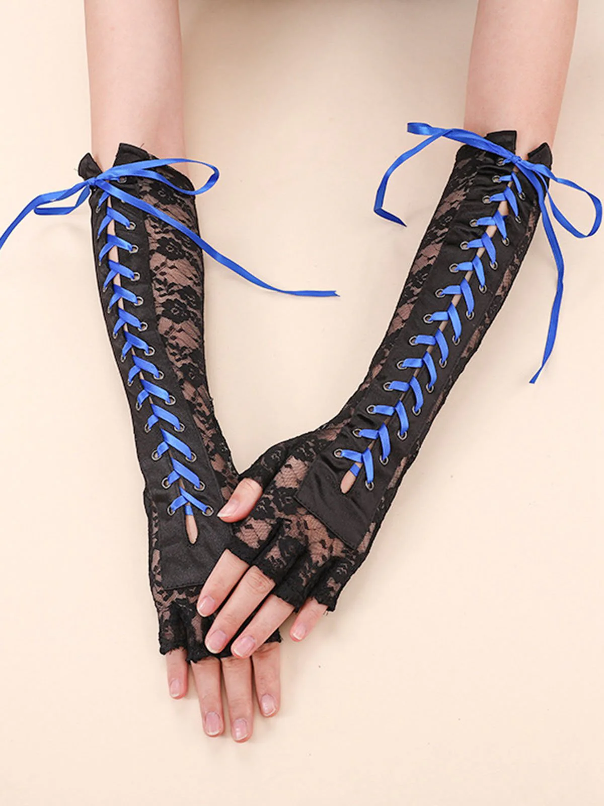 Schwarz Gothic Party Schnürung Hälfte Finger Handschuhe - Image 6