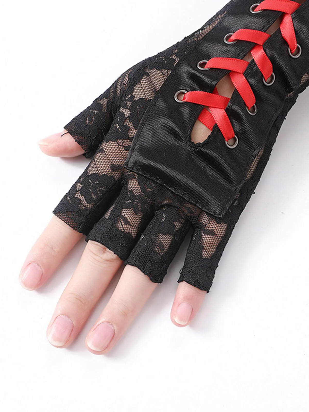 Schwarz Gothic Party Schnürung Hälfte Finger Handschuhe - Image 8