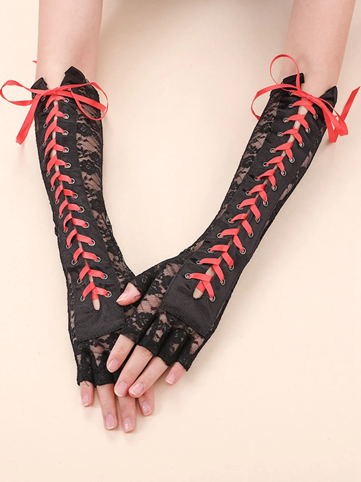 Schwarz Gothic Party Schnürung Hälfte Finger Handschuhe - Image 9