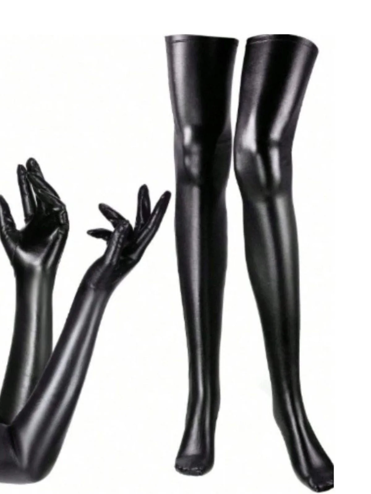 Halloween Schwarz PU-Leder Handschuhe & Overknee-Socken Set - Image 2