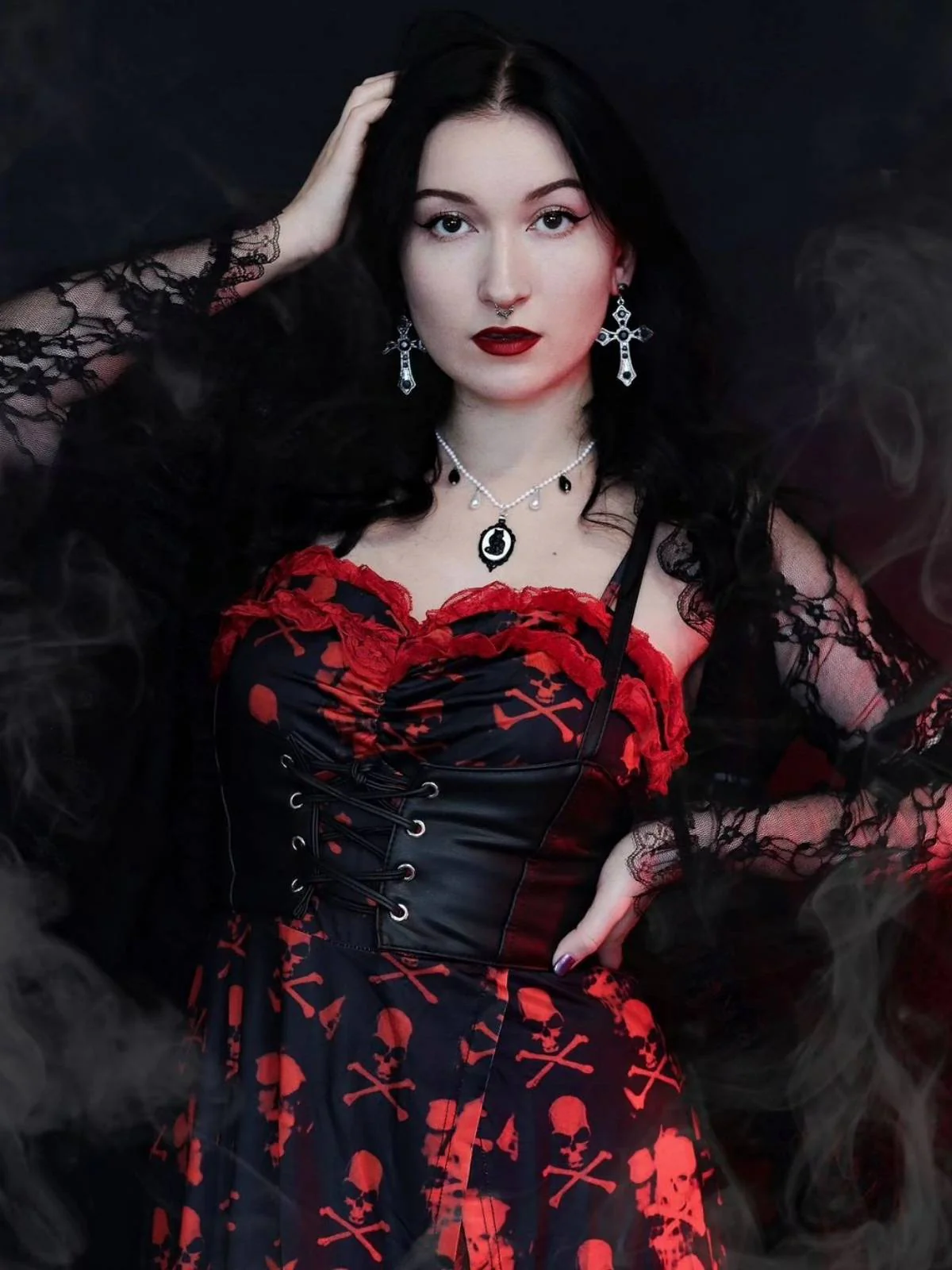 HALLOWEEN SCHWARZEM SCHÄDEL SPITZEN RIEMEN KLEID - Image 2