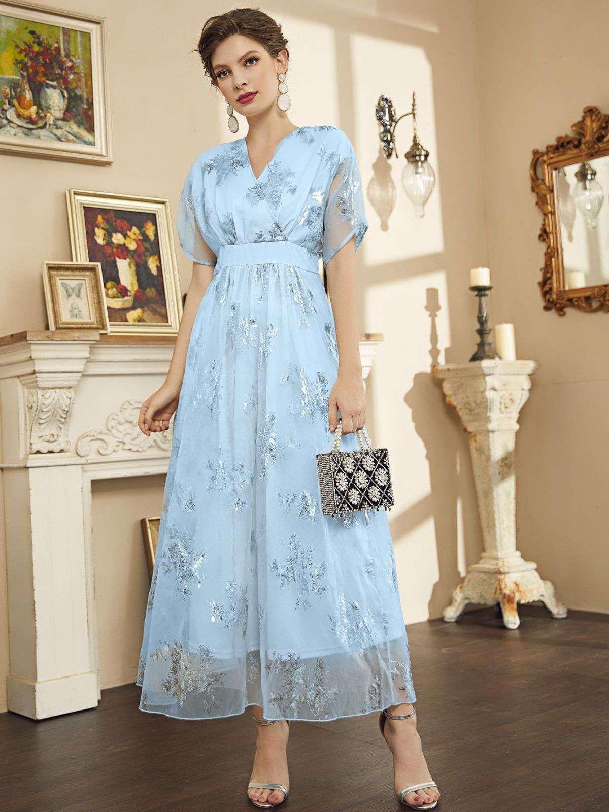 Hellblau 1940er Folienprägung Netz Patchwork Kleid - Image 2