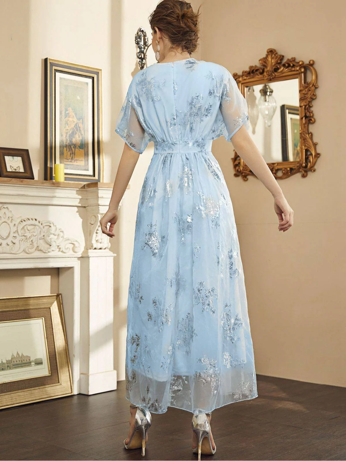 Hellblau 1940er Folienprägung Netz Patchwork Kleid - Image 3