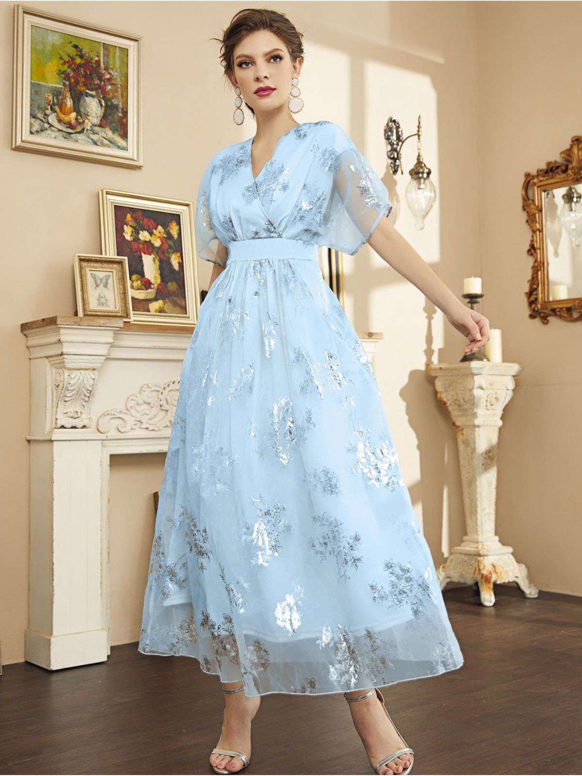 Hellblau 1940er Folienprägung Netz Patchwork Kleid - Image 4