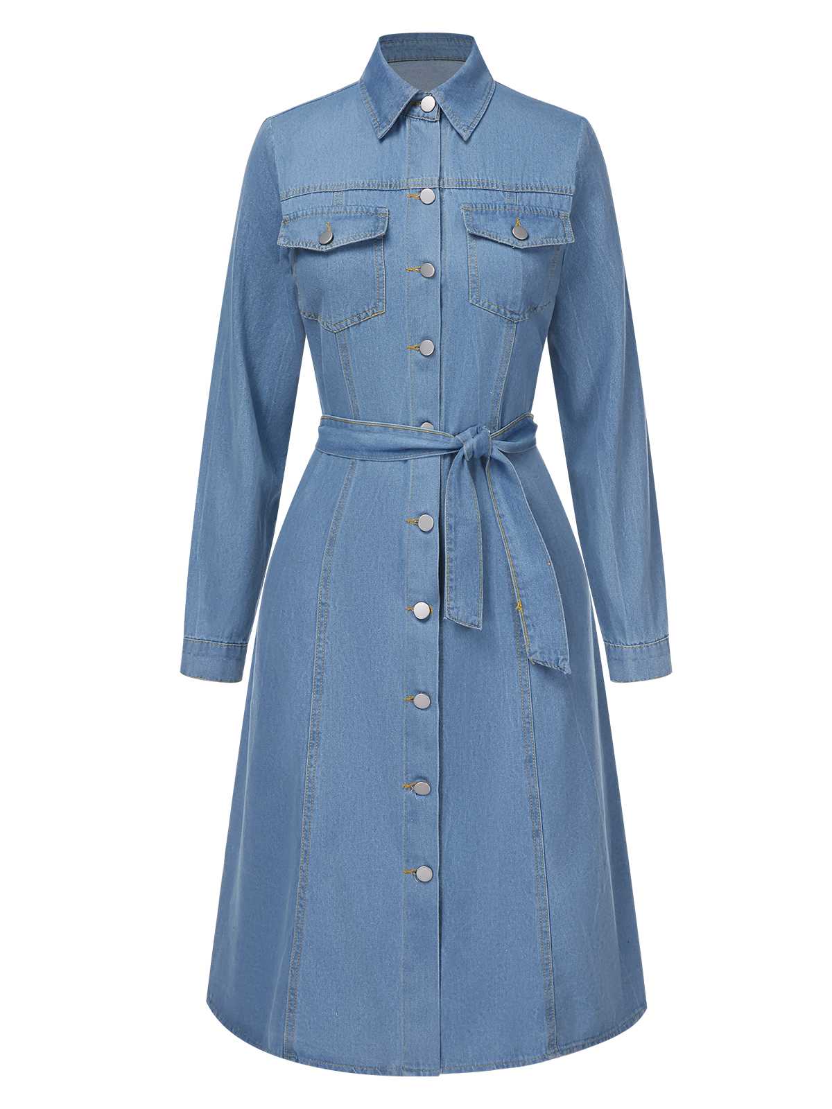 Hellblau 1940er Revers Denim Gürtel Kleid