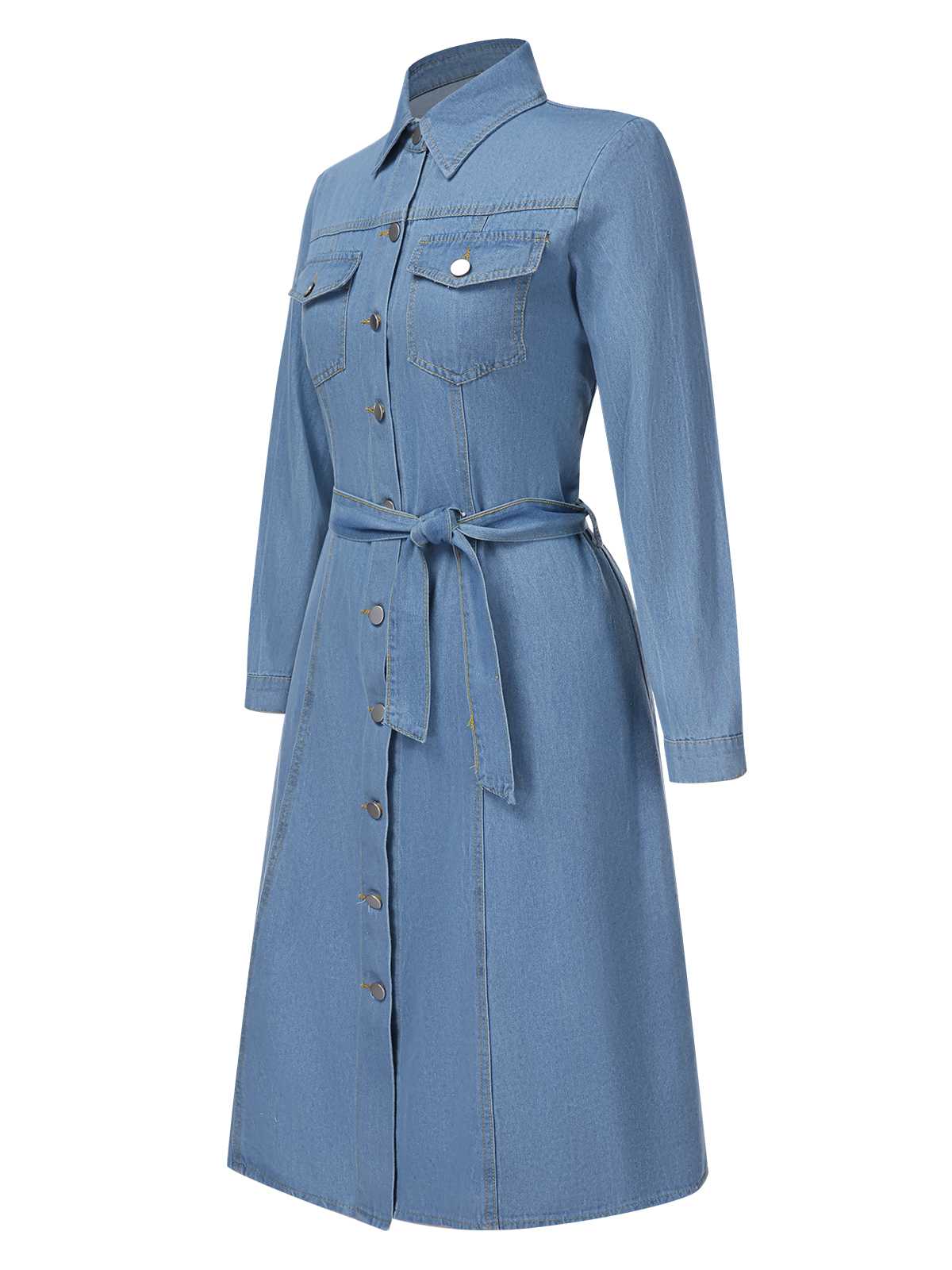 Hellblau 1940er Revers Denim Gürtel Kleid - Image 2