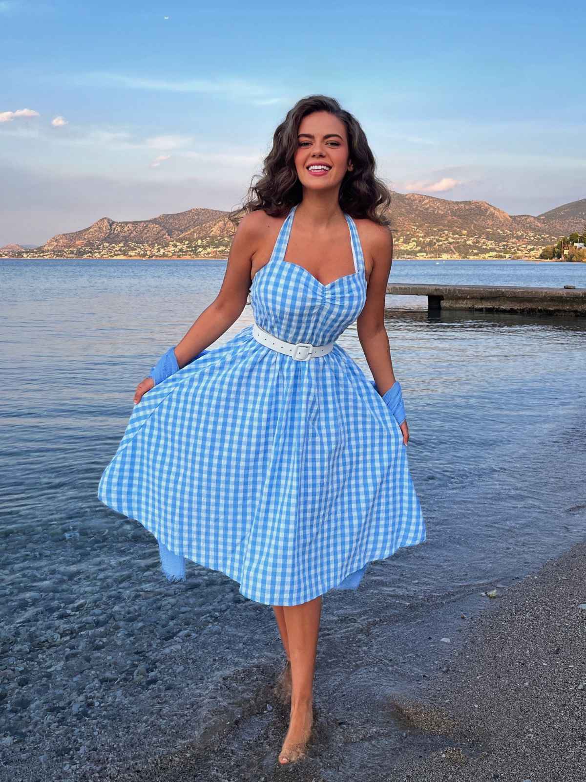 Hellblau 1950er Kariert Halter Swing Kleid - Image 2