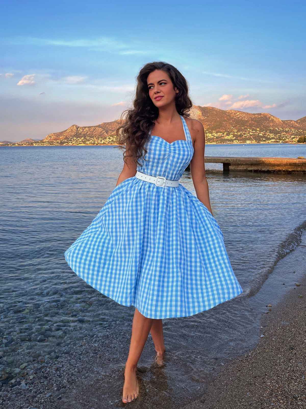 Hellblau 1950er Kariert Halter Swing Kleid - Image 3