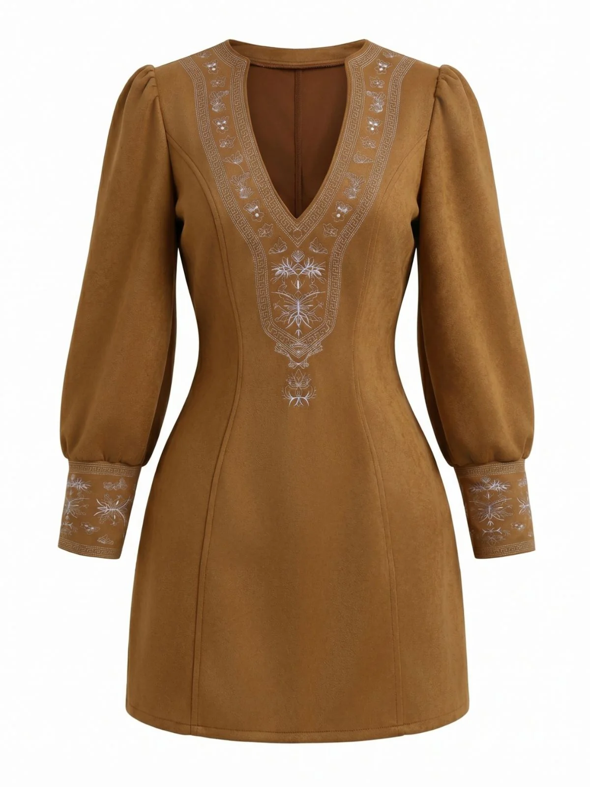 Hellbraunes 60er Kleid mit Blumenstickerei und V-Ausschnitt - Image 2