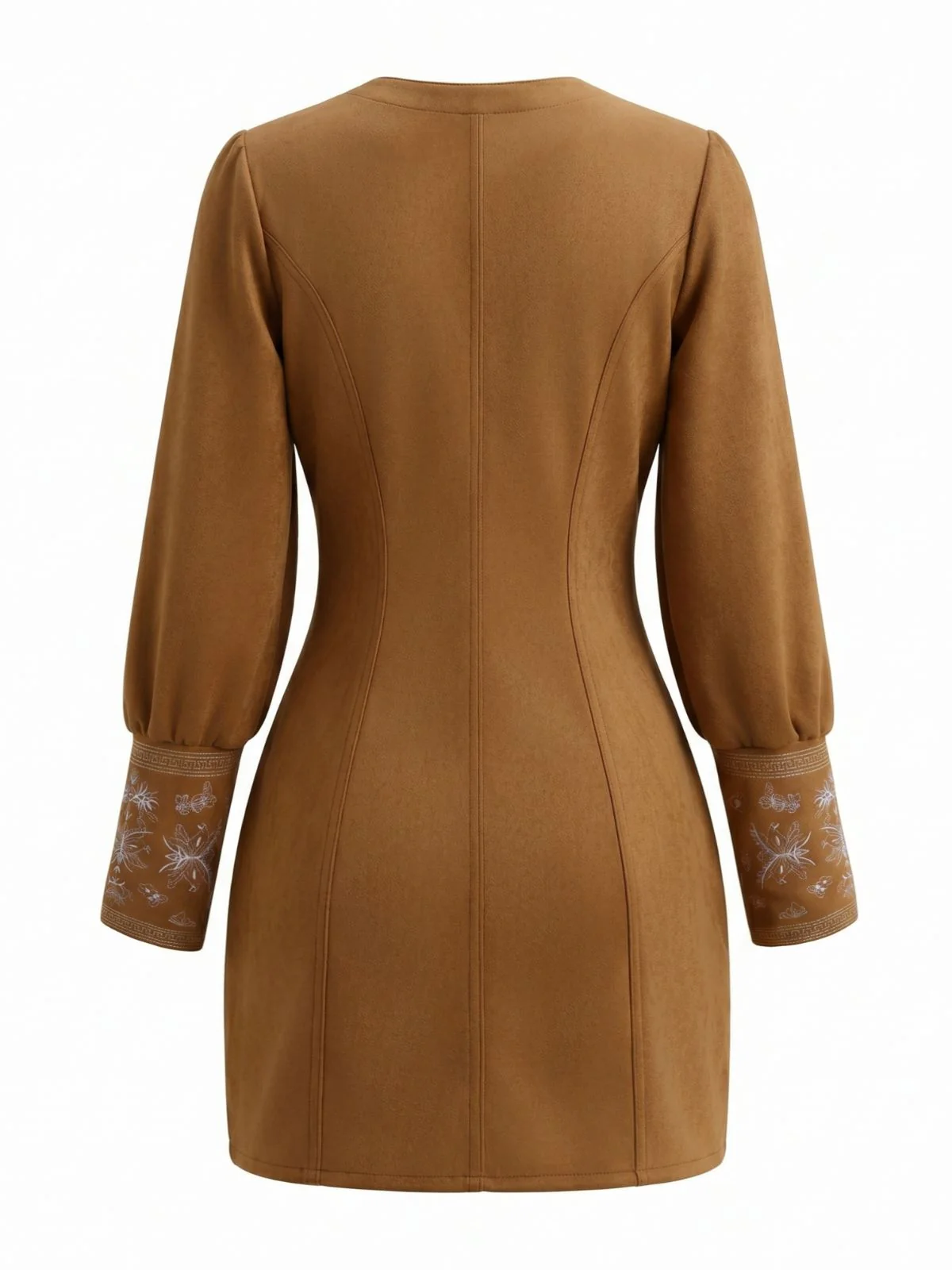 Hellbraunes 60er Kleid mit Blumenstickerei und V-Ausschnitt - Image 3