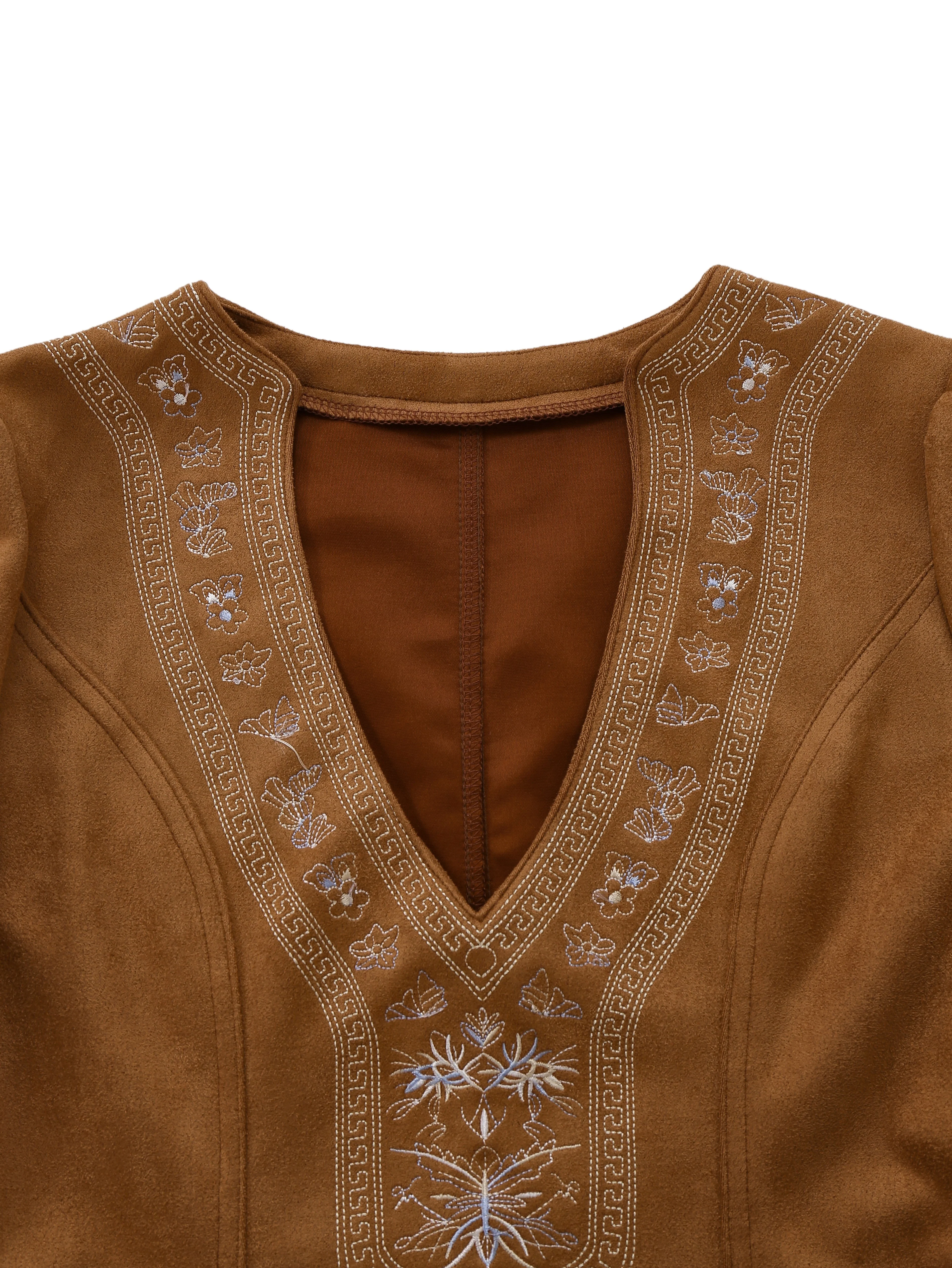 Hellbraunes 60er Kleid mit Blumenstickerei und V-Ausschnitt - Image 4