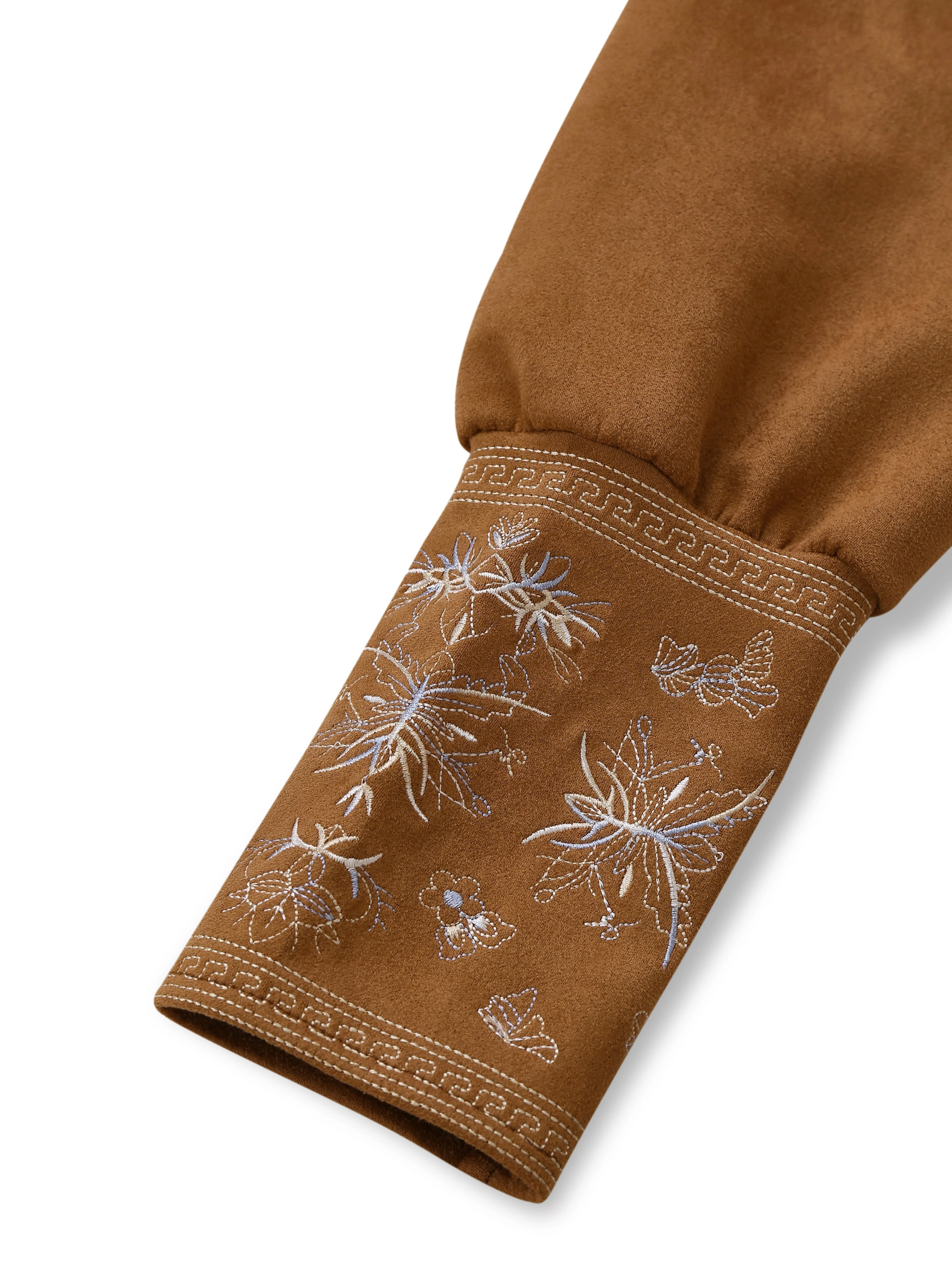 Hellbraunes 60er Kleid mit Blumenstickerei und V-Ausschnitt - Image 5