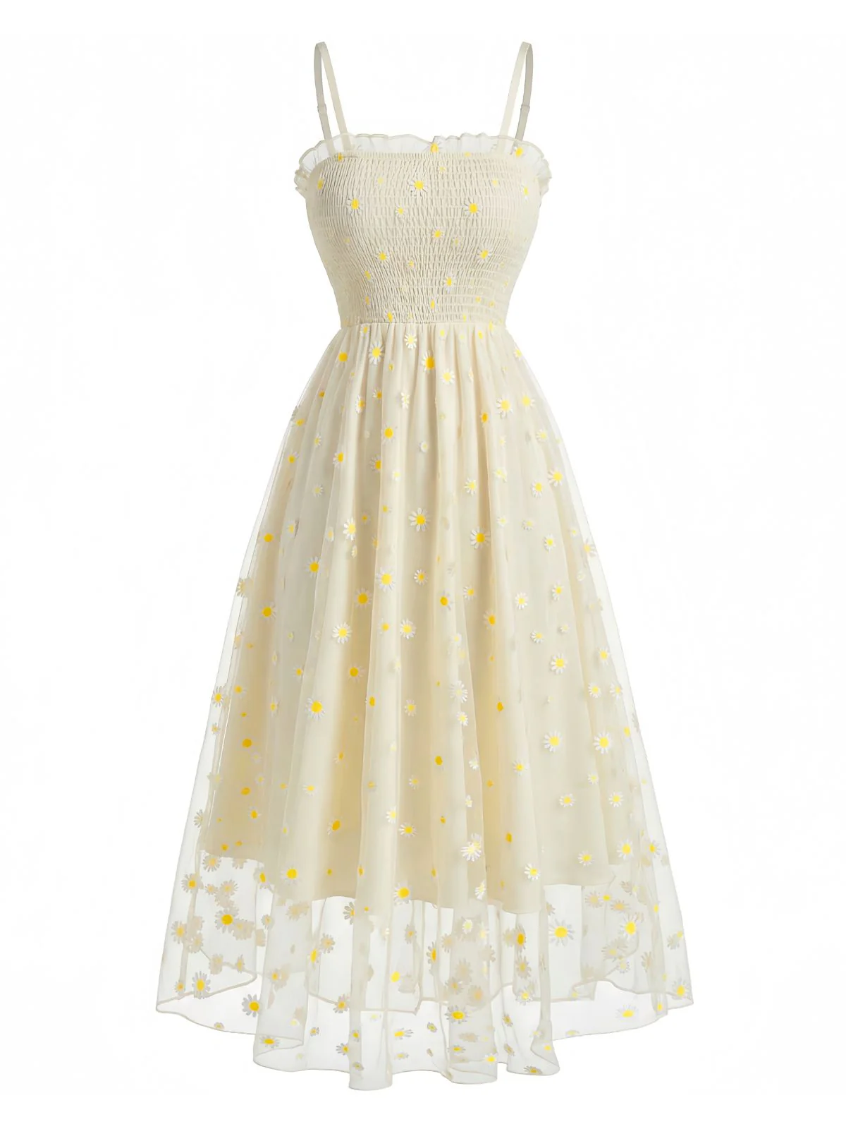 Hellgelb 1950er Gänseblümchen Bestickt Gesmokt Tüll Midi Kleid - Image 2
