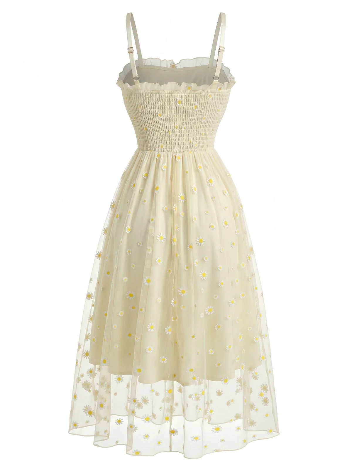 Hellgelb 1950er Gänseblümchen Bestickt Gesmokt Tüll Midi Kleid - Image 3