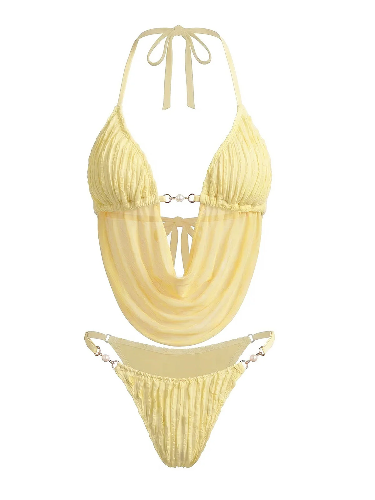 Hellgelb 1980er Transparent Halter Gerafft Bikini Set - Image 3